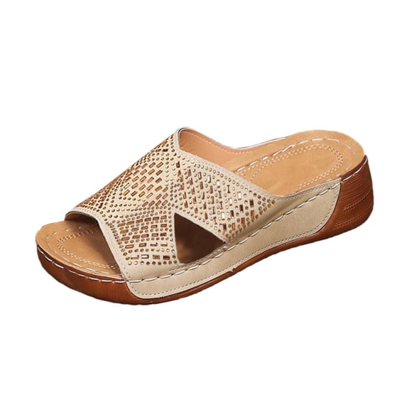 Beige Ladies Casual One-Strap Slippers With Wedge Heel And Open Toe For All-Day Ease And Style