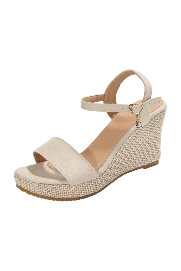 Beige Ladies Casual One Strap Wedge Sandals Round Toe Open Toe For Spring Summer Plus Size Beach Wear