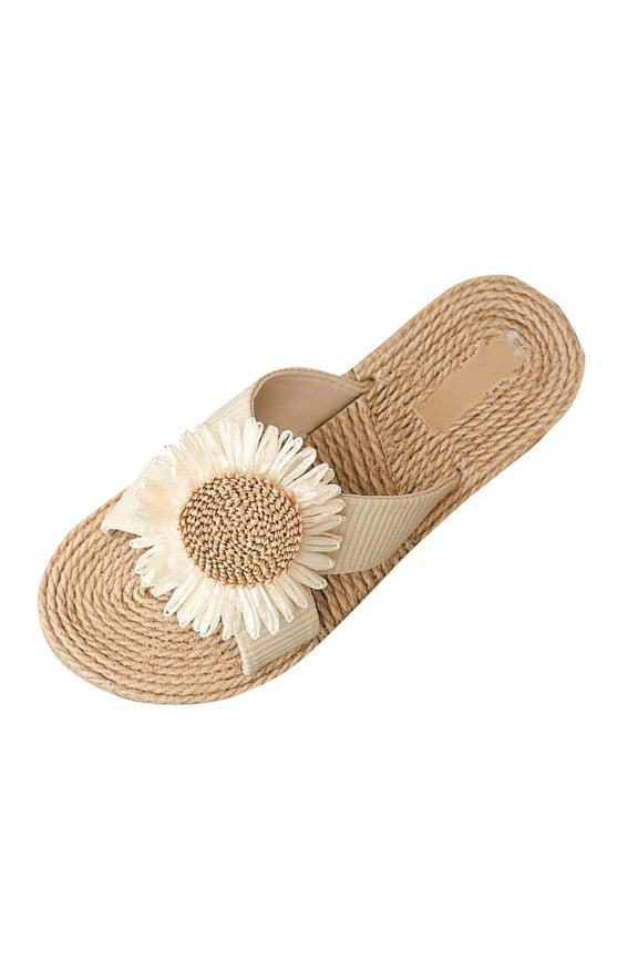 Beige Ladies Casual Sandals With Straw Rope Design Comfortable Flat Heel For Outdoor Beach Wear In Spring Summer