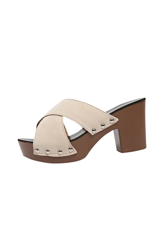 Beige Ladies Casual Summer Open Toe High Heel Thick Heel Shoes With Cross Strap With Lightweight Build