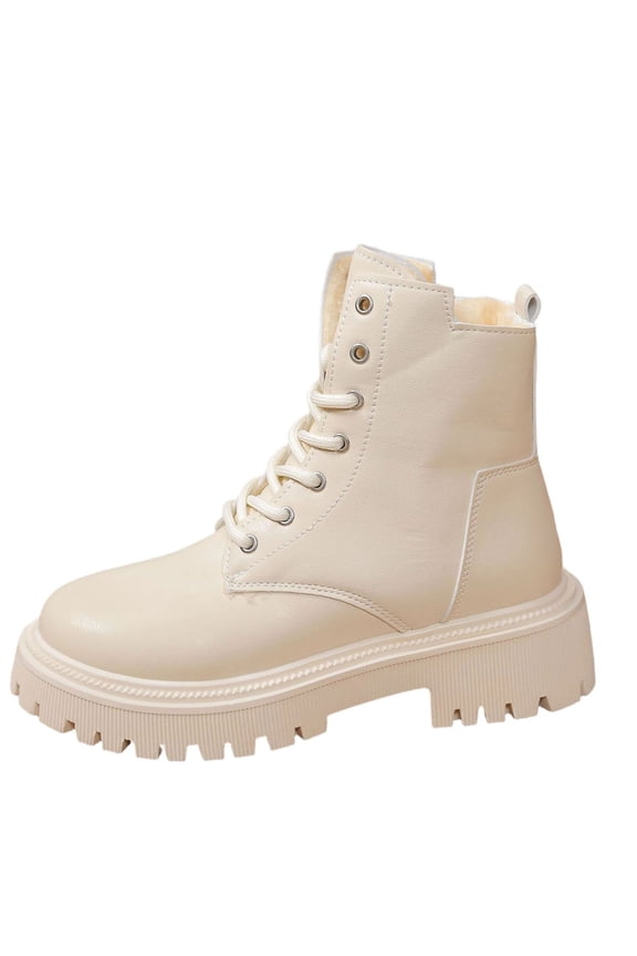 Beige Ladies Casual Thick-Soled Winter Footwear With Metal Chain Features And Plush Furry Lining Comfortable Flat Heel Snow Shoes