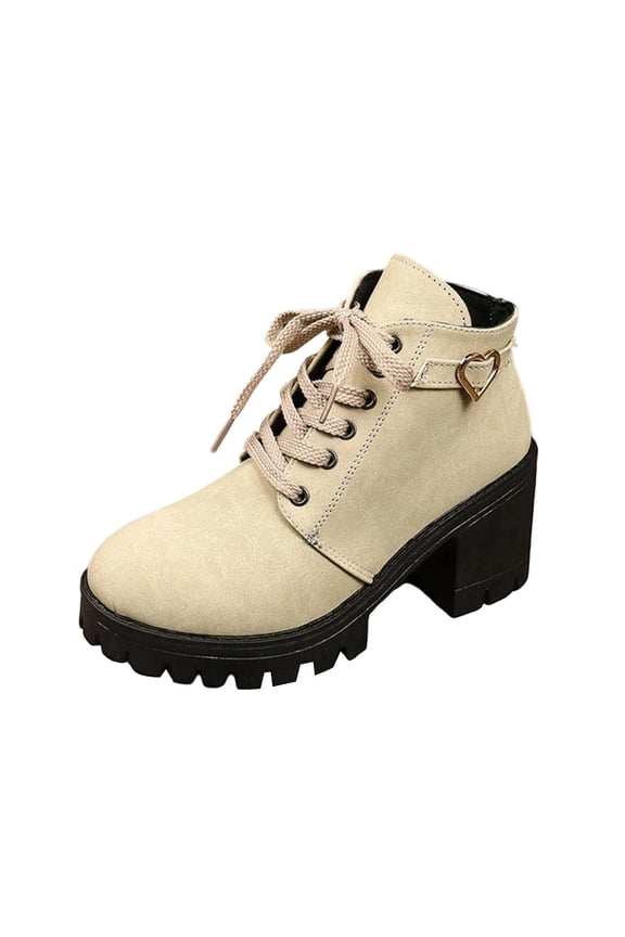 Beige Ladies Casual Winter Ankle Boots Solid Color Round Toe Front Lace Up Side Zipper Chunky Heel High Heel Ankle Boots Beige