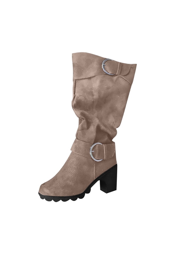 Beige Ladies Chunky Heel Mid Calf Boots Fall Casual Comfortable Lightweight Booties
