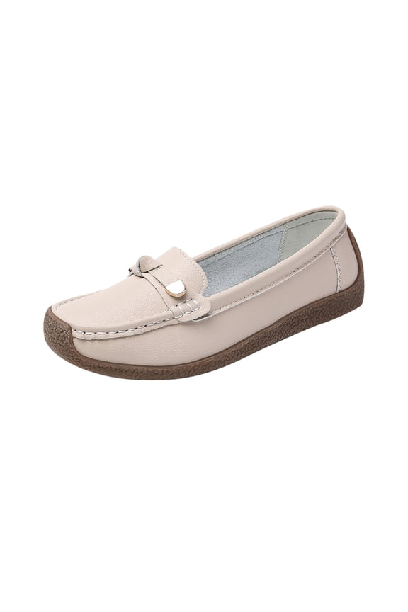 Beige Ladies Comfortable Breathable Round Toe Flats Slip On Solid Color Casual Spring Summer Walking Shoes Pu
