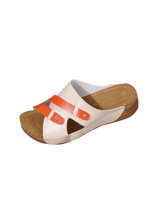 Beige Ladies Comfortable Walking Roman Buckle Strap Slippers, Support