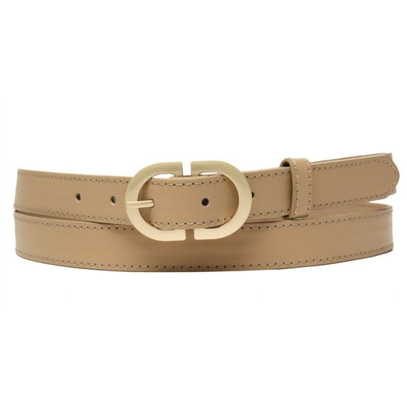 Beige Ladies Designer Style Stitch Leather Belt Gold Belt Buckle
