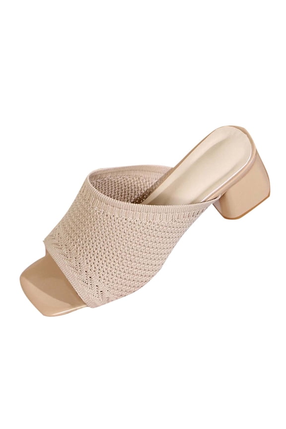 Beige Ladies Fashion Flying Knitted Sandals With Thick Heel For Spring Summer