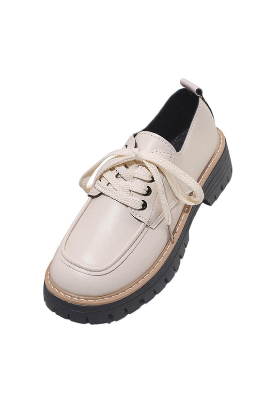 Beige Ladies Fashion Round Toe Leather Shoes In British Style With Matte Finish And Lace Up Closure For Everyday Use