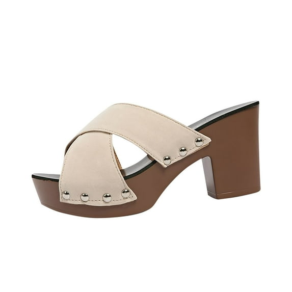 Beige Ladies Open Toe High Heel Sandals, Solid Color Cross Strap Thick Heel Shoes For Summer