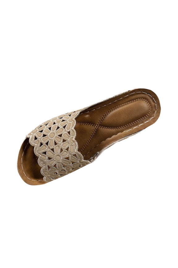 Beige Ladies Garden Party Sandals, Floral Cut Out Round Toe Open Toe One-Foot Wedge Heel Slides