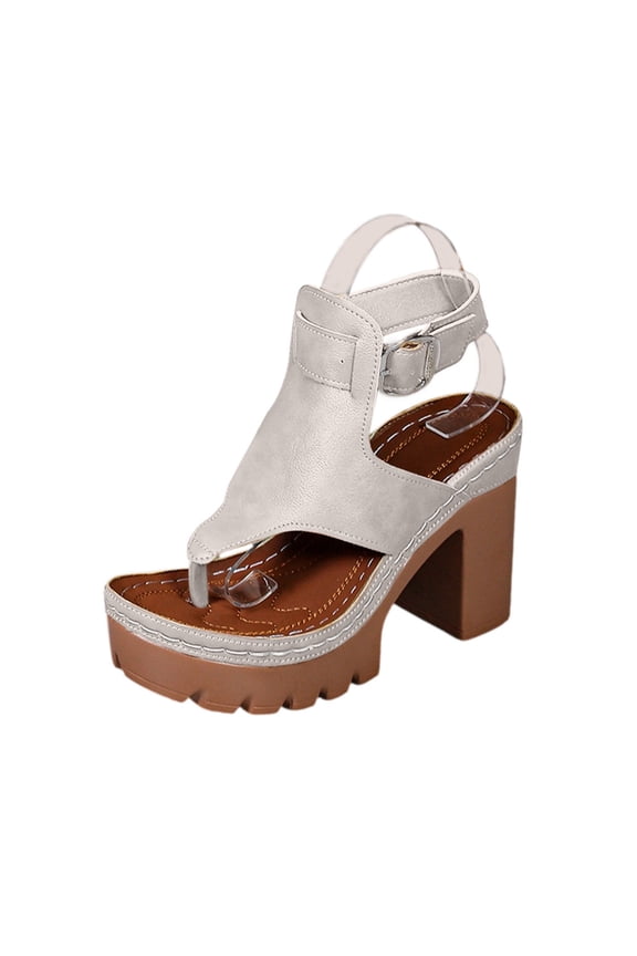 Beige Ladies High Heel Wrap Sandals Solid Color Buckle Thick Heel Roman Style Versatile Comfortable Shoes