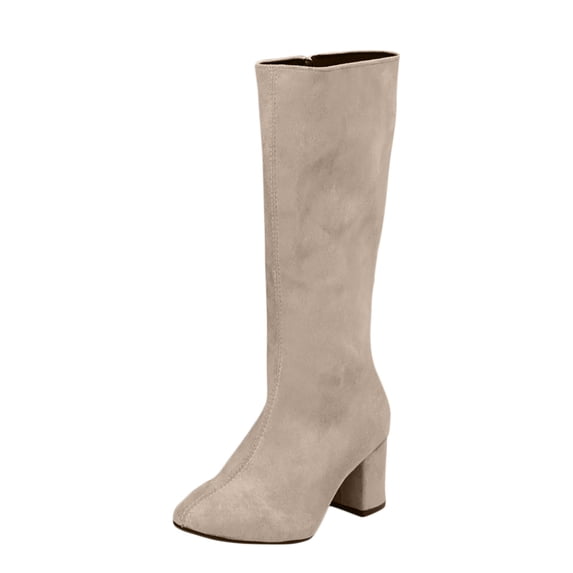 Beige Women'S Fashionable Casual Versatile Cool Winter Suede Pointed Toe Chunky Heel Solid Color Knee High Boots Mid Heel Comfortable 1.40 Lbs