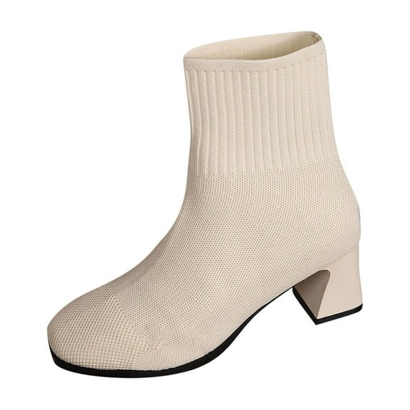 Beige Ladies Knit Ankle Boots With High Heel And Round Toe For Comfortable And Stylish Casual Wear