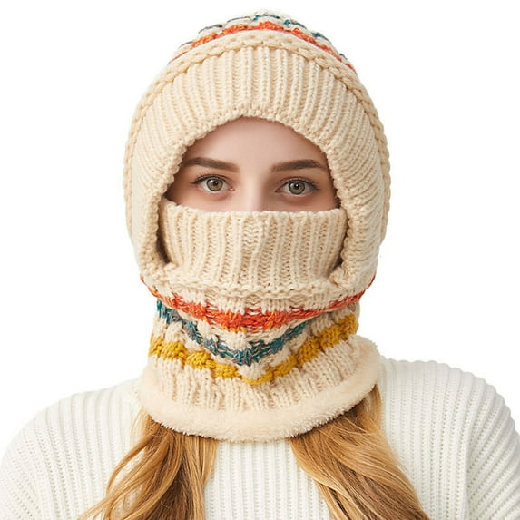 Beige Ladies' Knitted Balaclava With Color Block Design And Soft Fabric For Cold Days