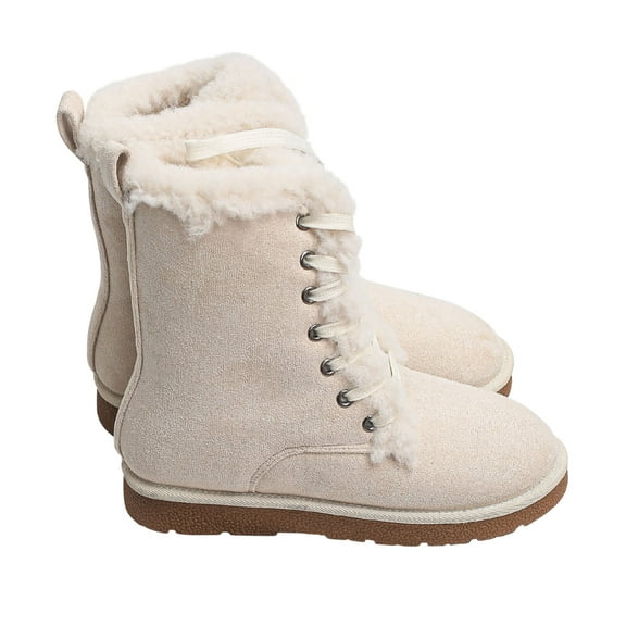 Beige Ladies Laced Winter Boots With Flat Bottom And Round Toe Featuring A Cozy Interior For All-Day Warmth