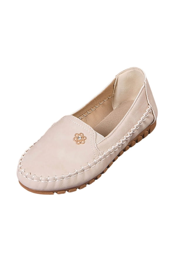 Beige Womens Casual Round Toe Metal Buckle Flat Bottom Loafers Low Heel Comfortable Slip On Shoes For Ladies Everyday Walking Footwear Size 36