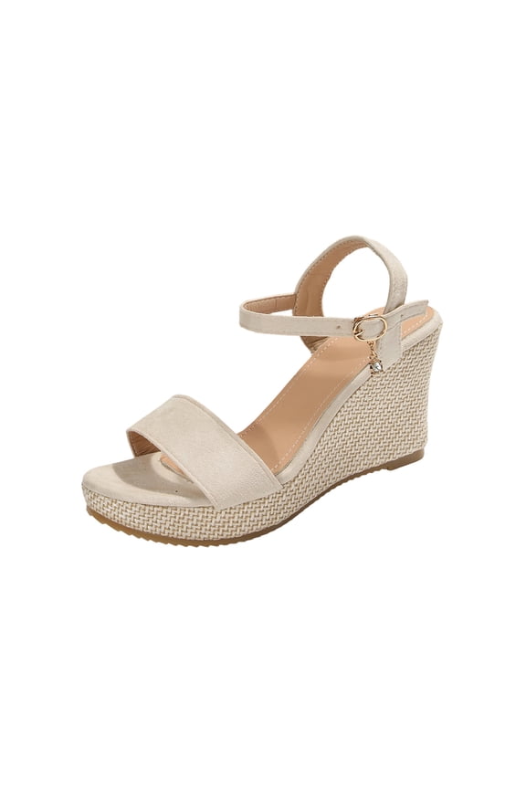 Beige Ladies Plus Size Beach Sandals For Spring Summer With Wedge Heel Round Toe And One Strap