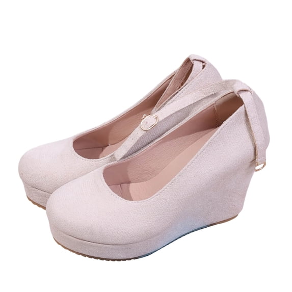 Beige Ladies Plus Size Slope Heel Shoes, Round Toe High Heel One Button For Leisure And Work