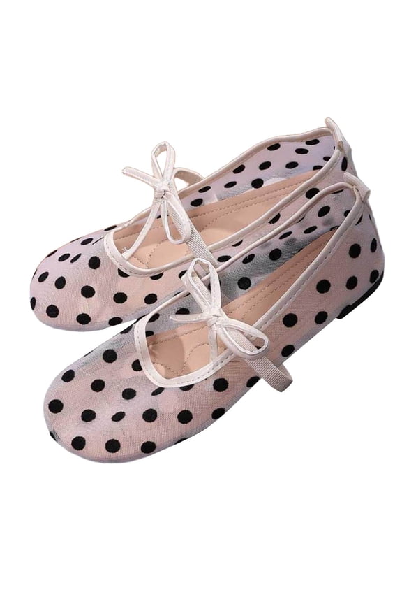 Beige Ladies Polka Dot Flat Shoes Round Toe Bowknot French Mesh Breathable Casual Comfortable