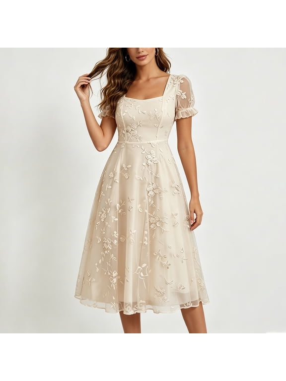Beige Ladies Puff Sleeve Embroidered Floral Dresses Homecoming Dress for Women Square Neck Formal Prom Party Evening Gowns Dressy Tulle A Line Summer Fall 2026 XXL