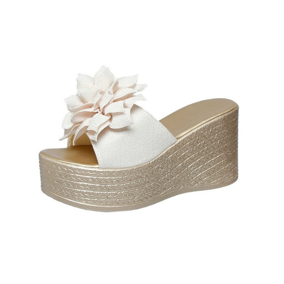 Beige Ladies Relaxed Summer Wedge Flip Flops With Decorative Bow And Thick Base For Beach Outings And Home Use