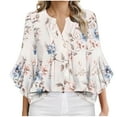 thumbnail image 1 of Beige Ladies Ruched Tshirts Flower Print Loose Fit Tee Tops for Women Ruffle 3/4 Length Bell Sleeve V Neck Spandex Casual Summer Fall Shirts 2025 Clothing L, 1 of 4