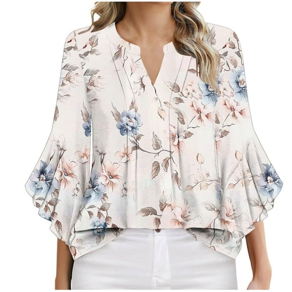 Beige Ladies Ruched Tshirts Flower Print Loose Fit Tee Tops for Women Ruffle 3/4 Length Bell Sleeve V Neck Spandex Casual Summer Fall Shirts 2025 Clothing L