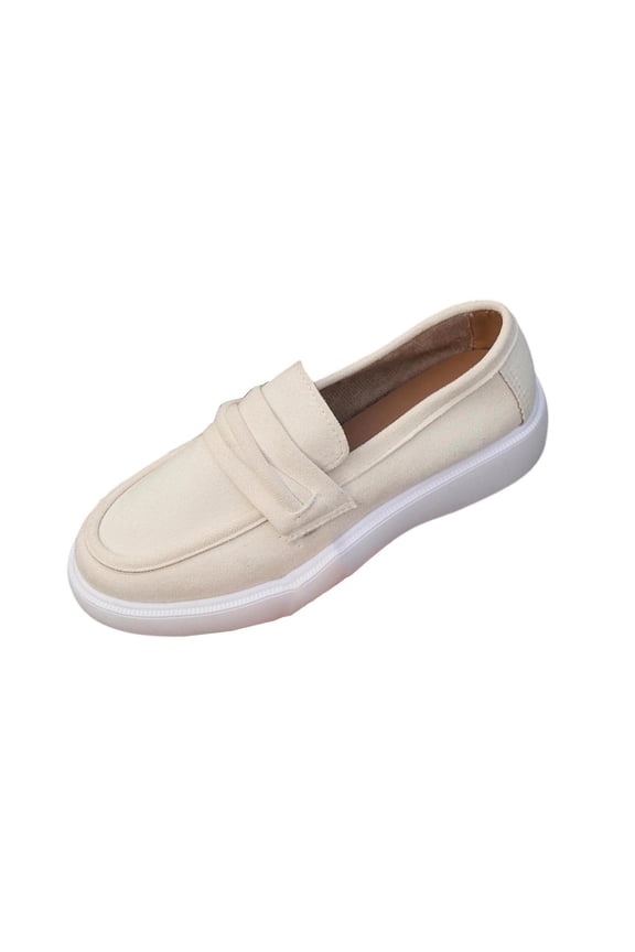 Beige Ladies Spring Style Solid Color Round Toe Slip On Loafers Flat Shoes Casual For Women