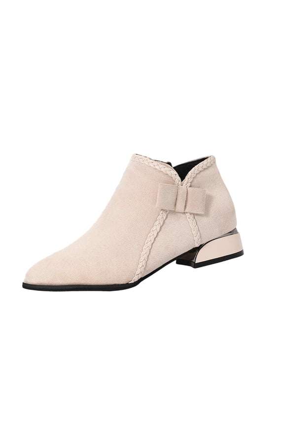 Beige Ladies Stylish Cozy Boots With Bow Decoration And Thick Heel For Fall And Winter Short Ankle Wear