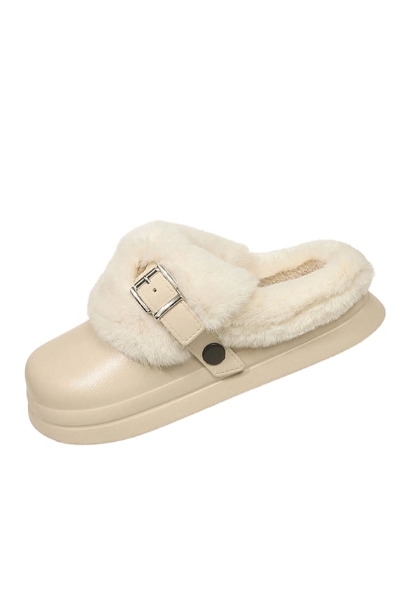 Beige Ladies Thick Warm Snow Boots With Bottom Mouth Belt Buckle Design For Casual Wear
