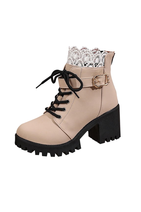 Beige Ladies Versatile Short Boots With Lace Patchwork And Thick Heel For Fall Winter Round Toe And Thick Sole