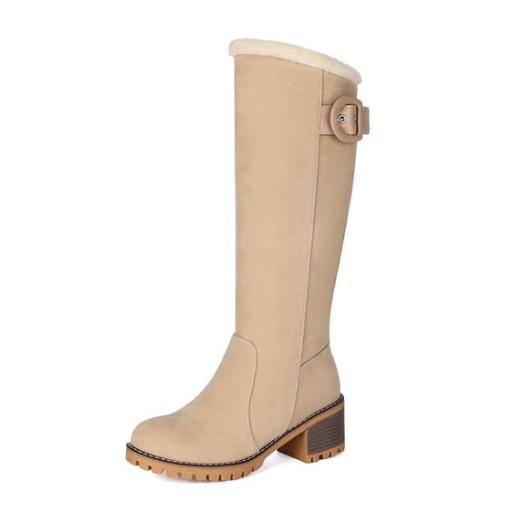 Beige Women'S Round Toe Snow Boots With Belt Buckle Detail Side Zipper Closure Thick Platform Sole Chunky Heel Warm Lined Casual Winter Boots 1.95 Lb