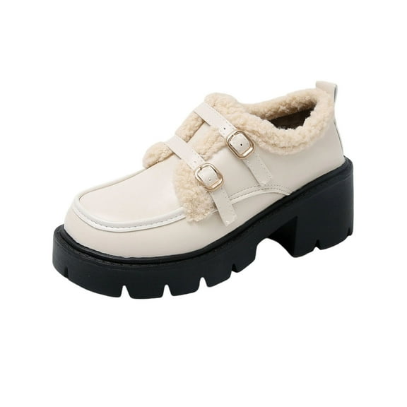 Beige Ladies Winter Loafers Round Toe Mid Block Heel Slip On Fur Lined Casual Warm Comfortable Shoes