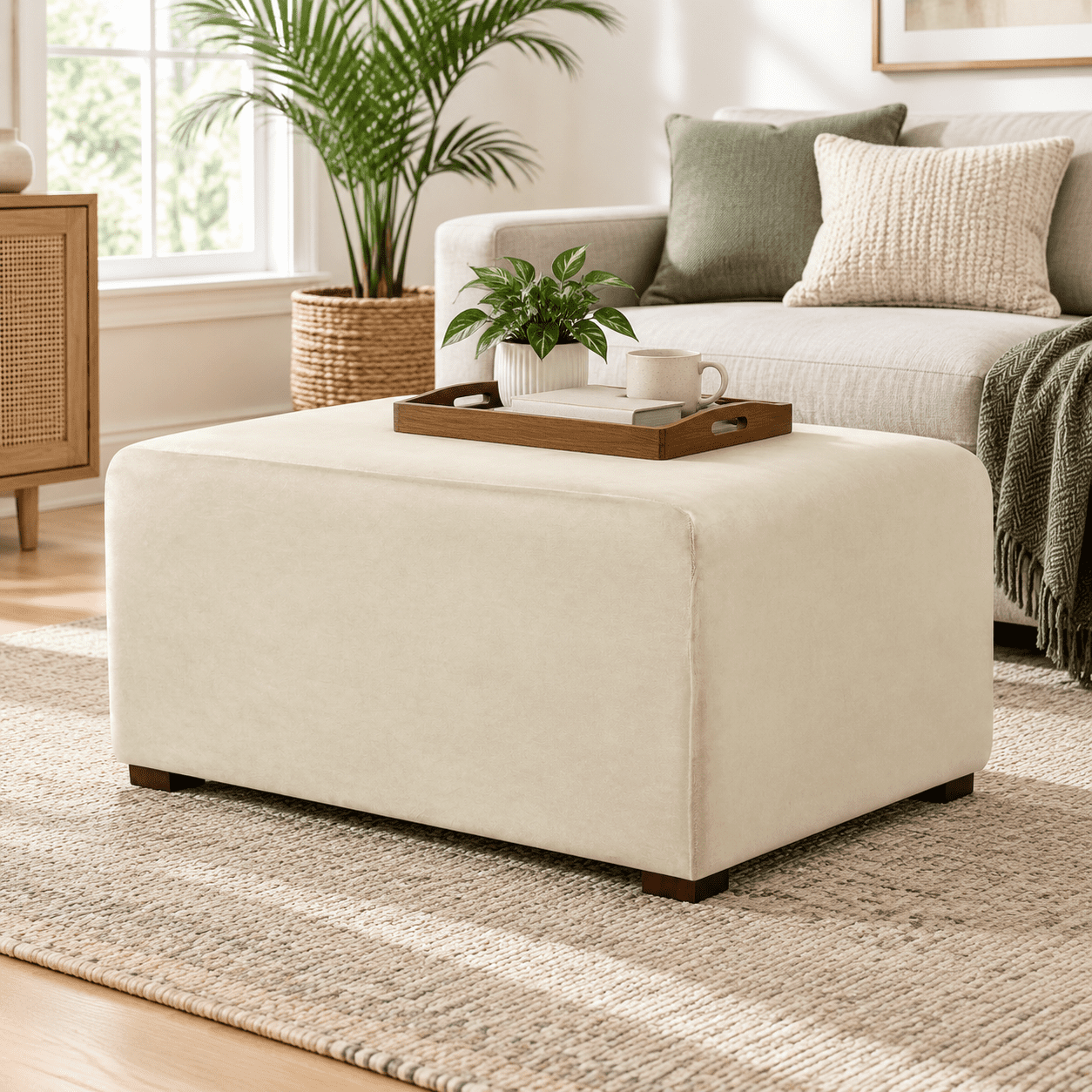 Beige Large Rectangle Stretch Ottoman Slipcover with Elastic Bottom ...
