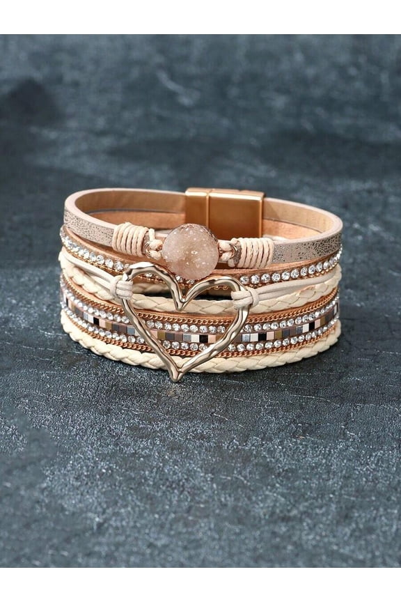 Beige Layered Wrap Bracelet With Rhinestone Heart Charm And Natural Stone Accent