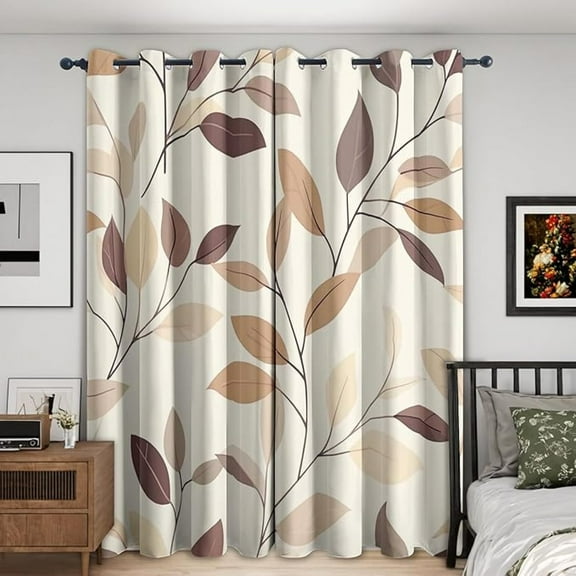 Beige Leaf Blackout Curtains, Modern Leaves Curtains For Living Room, Bedroom, Drapes Set, Leaf Botanical Grommet Window Treatments Room Decor 42"W x 84"L (Pack of 2)