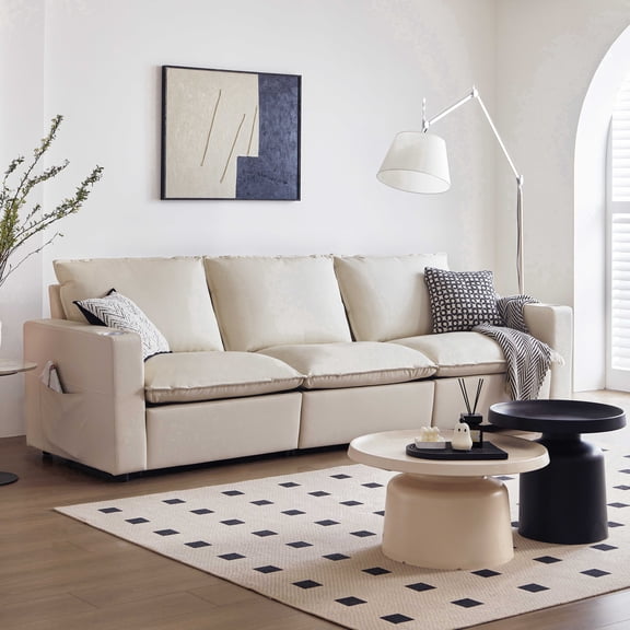 ATJafurn 116.1 inches Power Reclining Sofa Bed, Off-White 3-Seater Sectional Adjustable Electric Couch with Usb Charging and Storage for Living Room