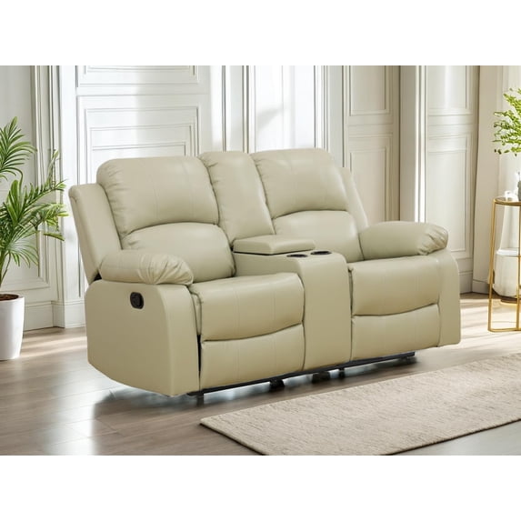 Beige Leather Recliner Loveseat Luxurious Seating with Leather Finish, Ergonomic Design, and Adjustable Backrest, Small Spaces/RVs, Home Theaters, Houses, and Offices.
