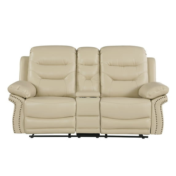Beige Leather Reclining Console - Foam Padding, 8 Spring, Lumbar Comfort With Support Springs