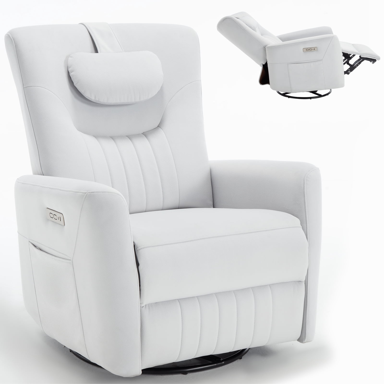 Beige Leatheraire Swivel and Rocker Power Recliner Chair with Lumbar ...