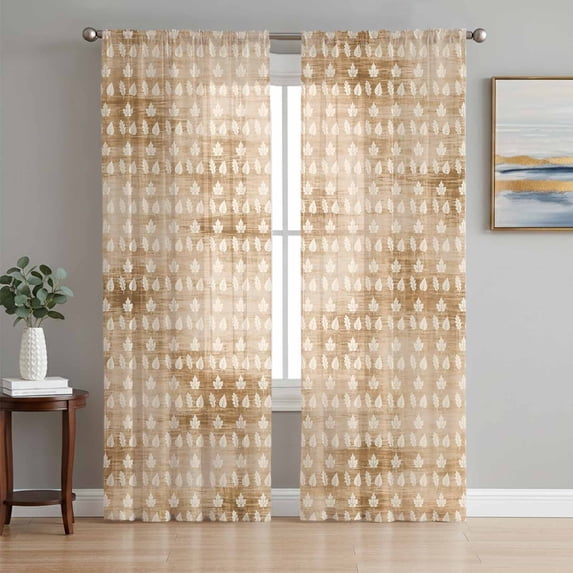 Beige Leaves Fall Sheer Curtains 96 Inch Length 2 Panels Set, Thanksgiving Botanical Maple Leaves Voile Window Treatment Semi Sheer Long Curtains Drapes for Bedroom/Living Room/Kitchen 52"x96"x2