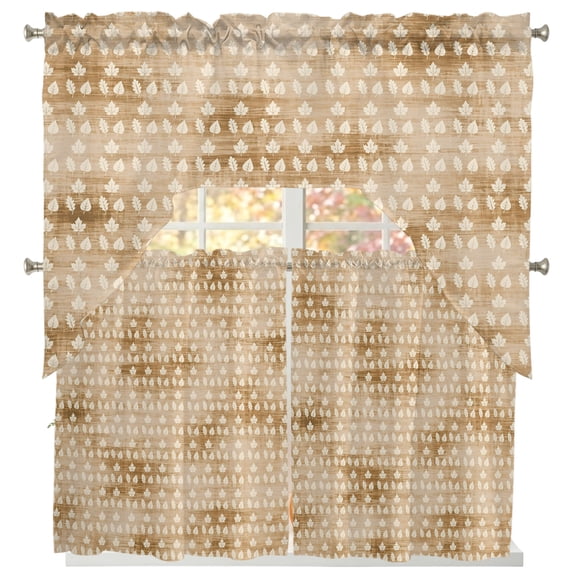 Beige Leaves Fall Swag Kitchen Curtains Sets for Windows 24 Inch Length, Thanksgiving Botanical Maple Leaves Short Window Curtain Panels Swags Valances and Tiers 3 Piece Set for Cafe/Dining Room