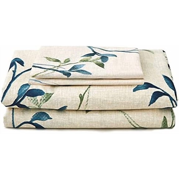 Beige Leaves Print Sheet Set Cal King, 4 Piece Soft Botanical Microfiber Sheets Extra Deep Pocket Wrinkle Free