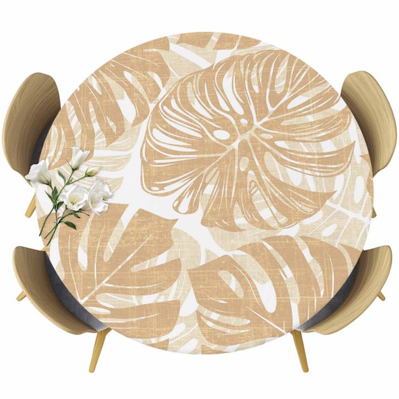 Beige Leaves Round Tablecloth 36-44 Inch Round Fitted Table Cloth with Elastic Edge, Summer Botanical Tropical Leaf Waterproof Table Cover Protector for Outdoor Picnic Party Dining
