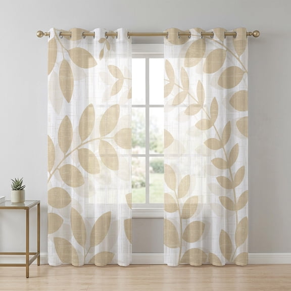 Beige Leaves Sheer Curtains 63 Inch Long 2 Panels, Summer Farmhouse Botanical Branch Minimalist Light Filtering Semi Sheer Drapes Grommet Voile Window Curtain for Living Bedroom W42 x L63