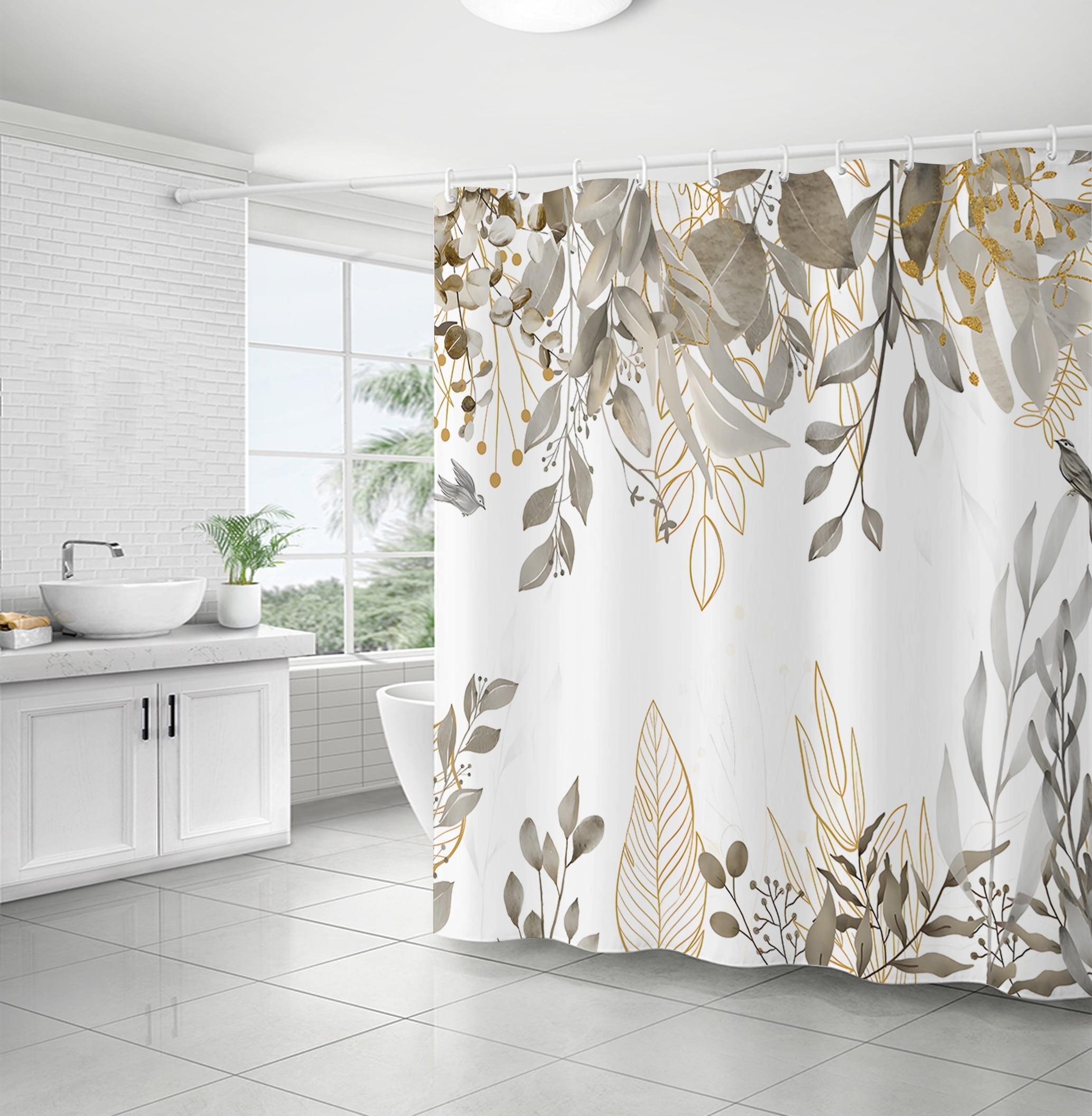Beige Leaves Shower Curtain,Plant Shower Curtain Decorative Waterproof