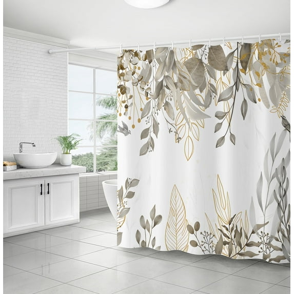 Beige Leaves Shower Curtain,Plant Shower Curtain Decorative Waterproof Mould Proof Resistant Polyester Fabric Non-Toxic Fabric Machine-Washable, 71" W x 71" H with 12 Hooks