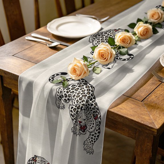 Beige Leopard 10 ft Cheesecloth Table Runner for Wedding 27"x120", Modern Style Wild Animal Rustic Linen Texture Kitchen Dinner Sheer Tulle Chiffon Dresser Scarf, Holiday Party Decorations
