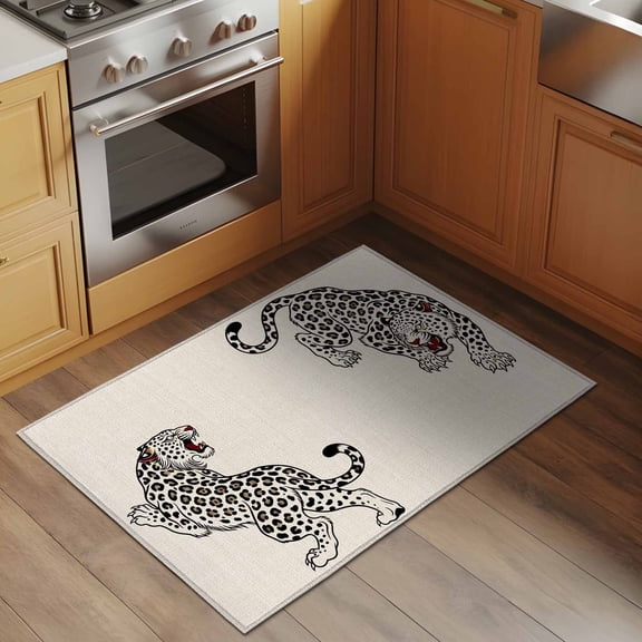 Beige Leopard 2x3 Rug for Entryway Front Door Kitchen Sink Area, Modern Style Wild Animal Rustic Linen Texture Low Pile Washable Non Slip Rectangle Area Rug