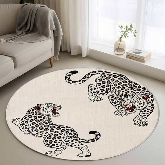 Beige Leopard 3FT Round Area Rugs Modern Style Wild Animal Rustic Linen Texture Soft Small Round Rug Non-Slip, Ultra-Thin Indoor Circle Carpet for Bedroom Entryway Kitchen Bathroom